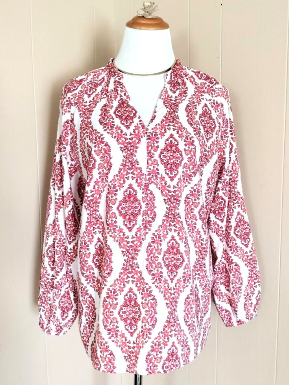 Belle Kim Gravel Floral Ikat Blouson Sleeve Blouse L Terra Cotta Woven Buttons
